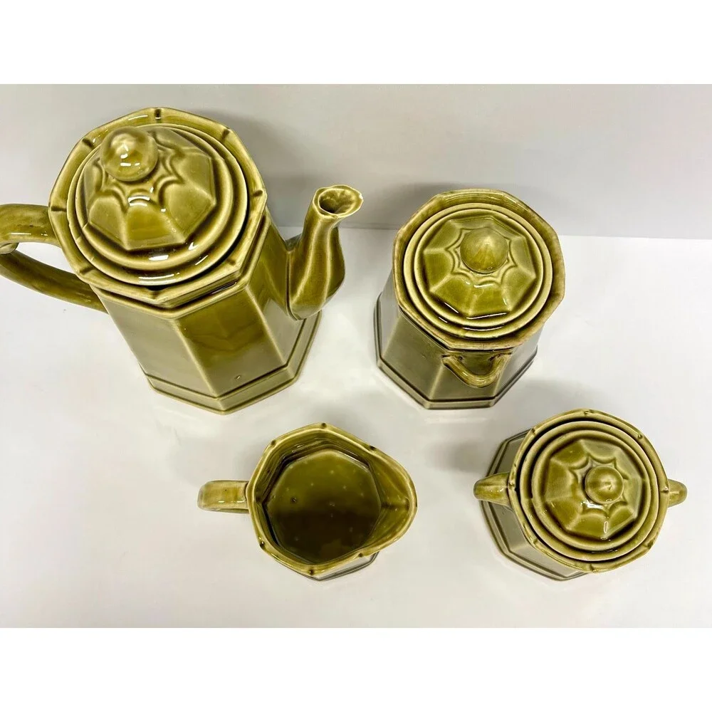 Vintage Stone Craft Royal Sealy Japan Green Tea Set 4 Pc Hexagonal-Olive Green